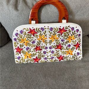 Source Unknown Floral Embroidered Clutch with Wooden Handle